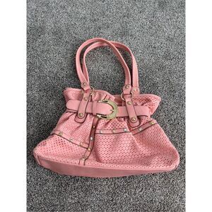 Pink shoulder bag with belt buckle and rhinestones
